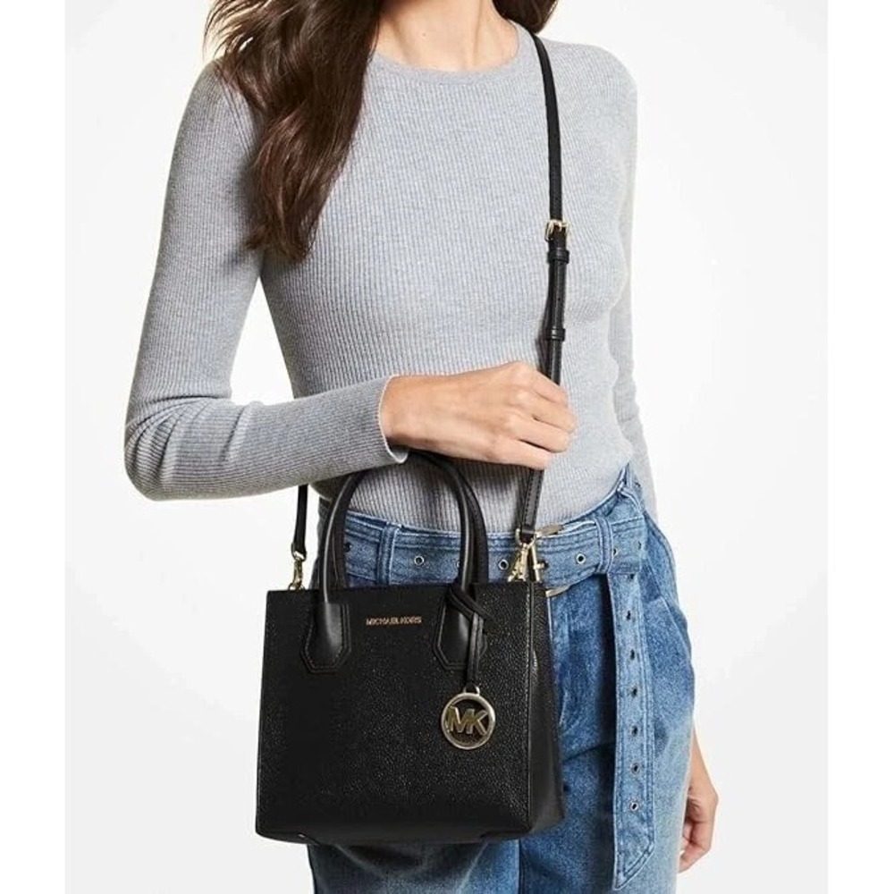Michael Kors Mercer Black Pebbled Leather Medium Crossbody Satchel Bag. - Picture 3 of 8